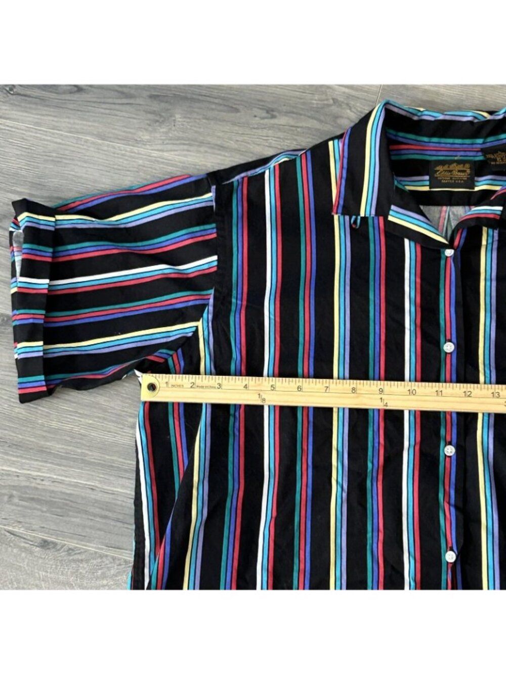 Vintage Eddie Bauer Shirt Mens L Black Rainbow Stripe Short Sleeve Button Up 80s - Picture 6 of 9